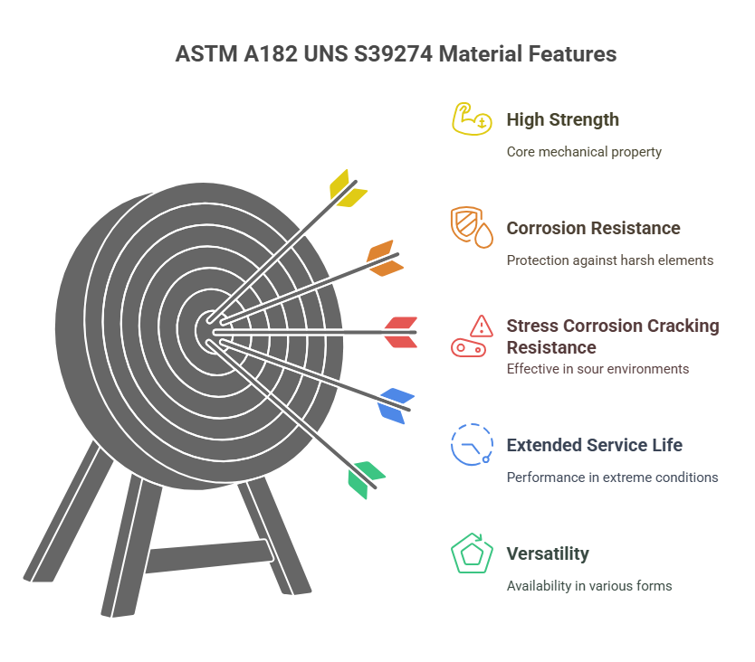 This images shows the ASTM A182 UNS S39274 Material Features using an infographics