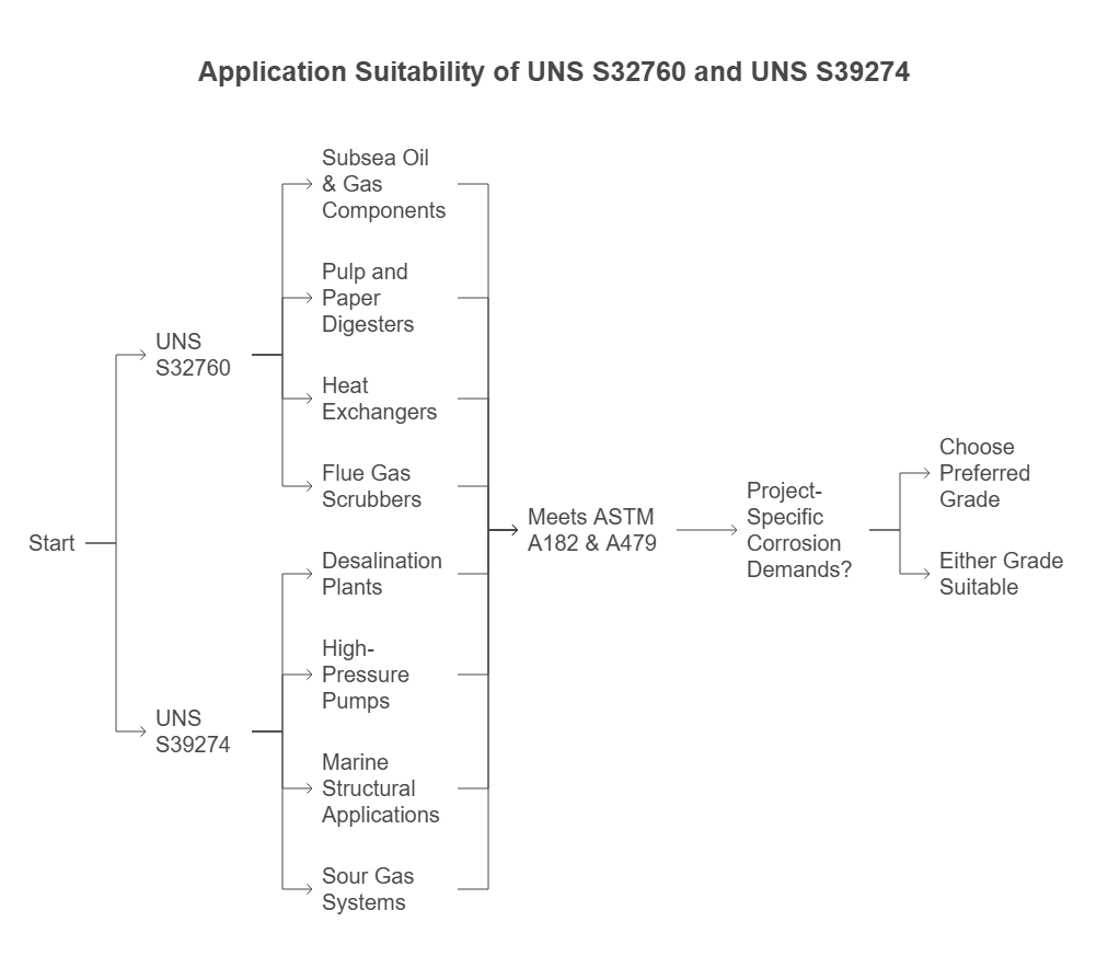 This image shows Applications suitability of UNS S32760 and UNS S39274, hierarchy through a comparison